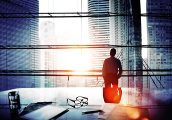 Cityscape Businessman Thinking Leadership Concepts
