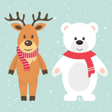 winter deer and bear with scarf
