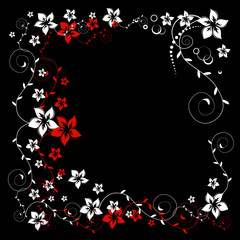 Decorative black, red and white pattern with the image of flowers, leaves.