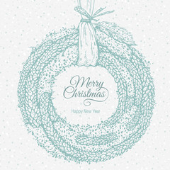 Christmas card with blue fir wreath, ribbon, feathers and inscription, vector illustration