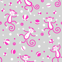 Seamless pattern with monkeys playing in balls. Vector illustration