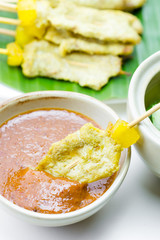 Grilled Pork Satay with Peanut Sauce and Vinegar, Thai food.