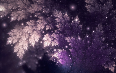 Fototapeta na wymiar Abstract fractal, decorative white-lilac juniper branch on dark violet background with sparkling and glowing lights