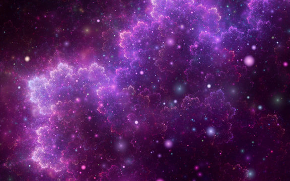 Abstract fractal, decorative sparkling violet cosmic nebula with soft blur on dark background