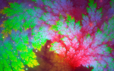 Abstract fractal, decorative rainbow-colored juniper branches and glowing light spheres
