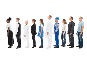 People With Various Occupations Standing In Queue