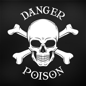 Danger skull vector on black background. Jolly Roger with crossbones logo template. death t-shirt design. Pirate insignia concept. Poison icon illustration