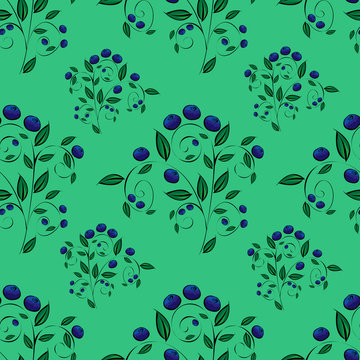 Blue blueberries on a green background seamless pattern