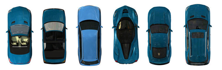 set of real blue Cars top view 