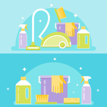 Household Cleaning Agents, Tools and Devices. Cleaning Service Vector Illustration