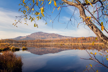 Reflection of mountain and sky in blue water