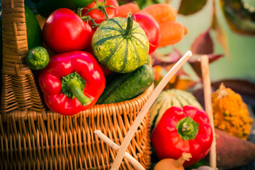 Colorful vegetables basket wooden table
