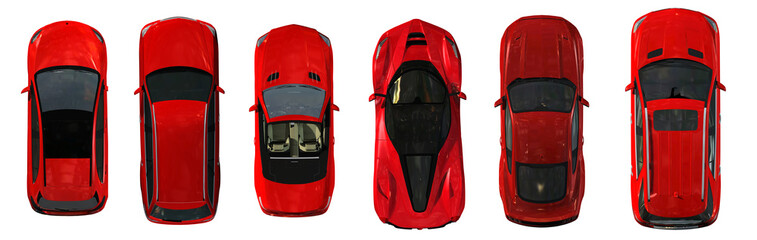 set of real red Cars top view 