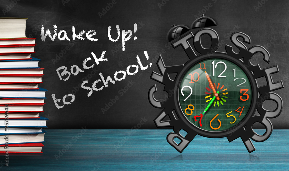Aufkleber wake up - back to school / colorful alarm clock with text wake up! back to school! on a desk with a 