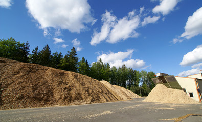 storage of wooden fuel (biomass) against blue sky