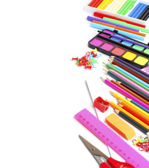 colorful assortment school supplies isolated  white  background

