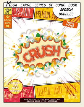 Crush. Colorful explosion with mint leaves, ice, water splashes and clouds of smoke in comic style.. Realistic pop art speech bubble