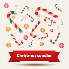 Set of Christmas candy stickers on the white background. Vector illustration