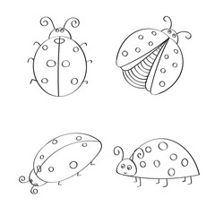 Set of hand drawn ladybugs. Outline. Vector collection of ladybirds.