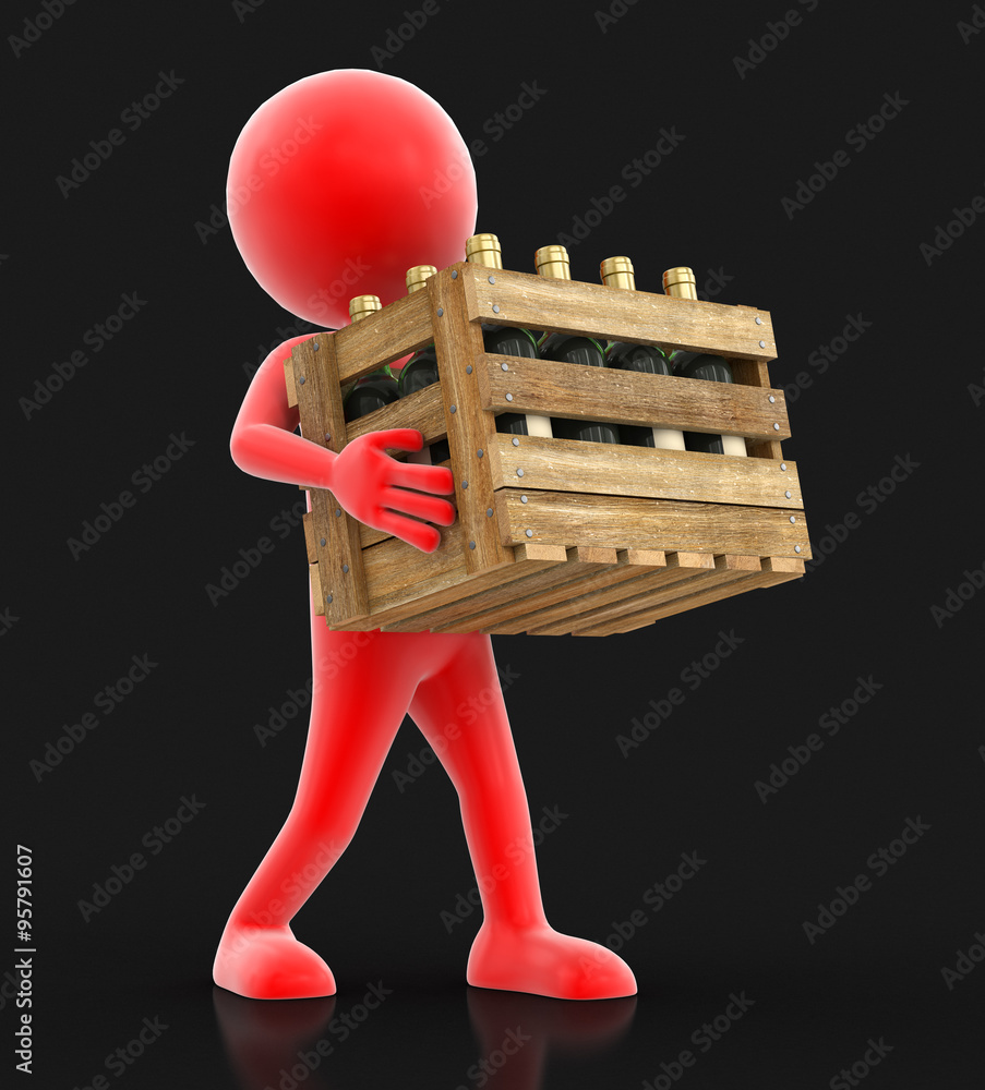 Poster wooden box with wine bottles and man. image with clipping path