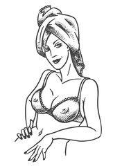 Pin-up poster with pretty girl in a towel on the head. With funny quote 