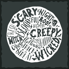 Halloween hand lettering on the round background with a grunge t