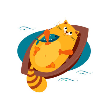 Cat on a Boat Hugging Fish. Vector Illustration
