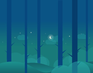 Wallpaper Landscape of Winter Forest and Moon, Vector Illustration