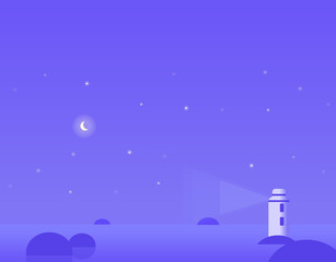 Fototapeta premium Wallpaper Landscape of Winter Seascape with Moon and Lighthouse, Vector Illustration
