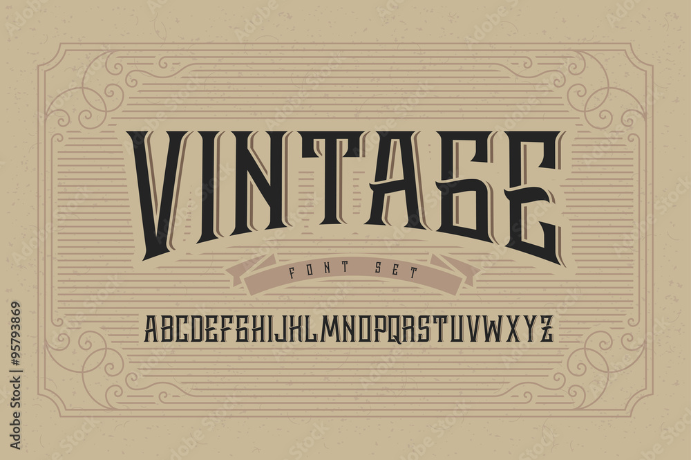 Poster vintage font set on cardboard texture vector background with decorative ornate frame.