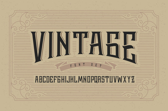 Vintage font set on cardboard texture vector background with decorative ornate frame.