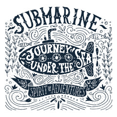Hand drawn vintage label with a ship in a bottle and hand letter