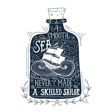 Hand drawn vintage label with a ship in a bottle and hand letter
