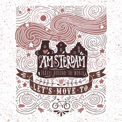 Hand drawn vintage label with Amsterdam canal houses in Van Gogh