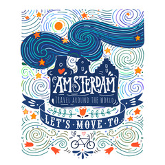 Hand drawn vintage label with Amsterdam canal houses in Van Gogh