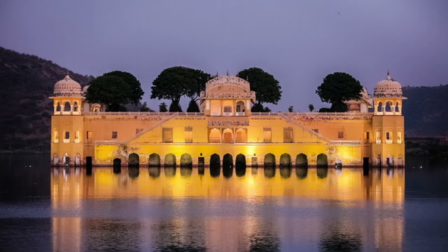 Rajasthan landmark - Jal Mahal (Water Jal Mahal (Water Palace) on Man Sagar Lake in the evening in twilight. Jaipur, Rajasthan, India