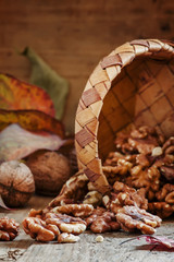 Fresh walnuts spill out of a wicker basket on autumn background