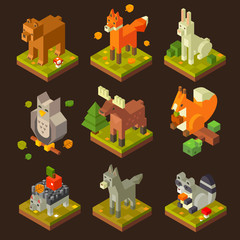 Isometric forrest bird and animal set: bear, fox, hare, owl, deer, squirrel, hedgehog, wolf, raccoon. Flat isometric vector stock set.