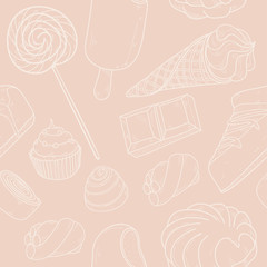 Cute vector seamless pattern with pastel color contour bakery products and different sweets
