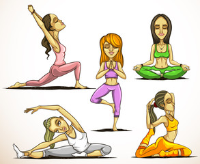 Set of five woman practicing yoga