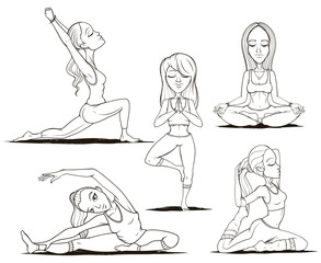 Set of five woman practicing yoga. Contour. Isolated