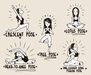 Set emblems of five woman practicing yoga