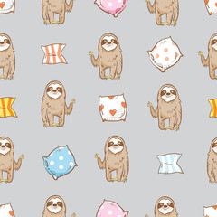 Vector seamless pattern with cartoon  sloth  and pillows on gray  background. © voron4ihina