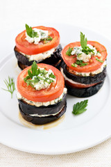 Eggplant, tomato and curd cheese stacks