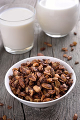 Chocolate granola and milk