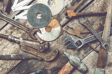 old tools on wooden background