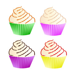 Ice cream cupcakes in colorful muffin molds drizzled with chocolate, jam, caramel