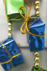 Collection of wrapped gifts hanging up