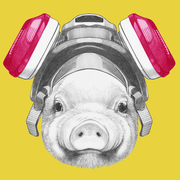 Portrait of Piggy with gas mask. Hand drawn illustration.