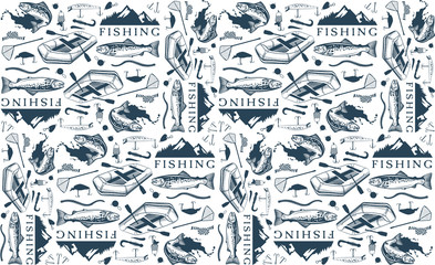 Pattern with trout fishing emblems, labels and design elements
